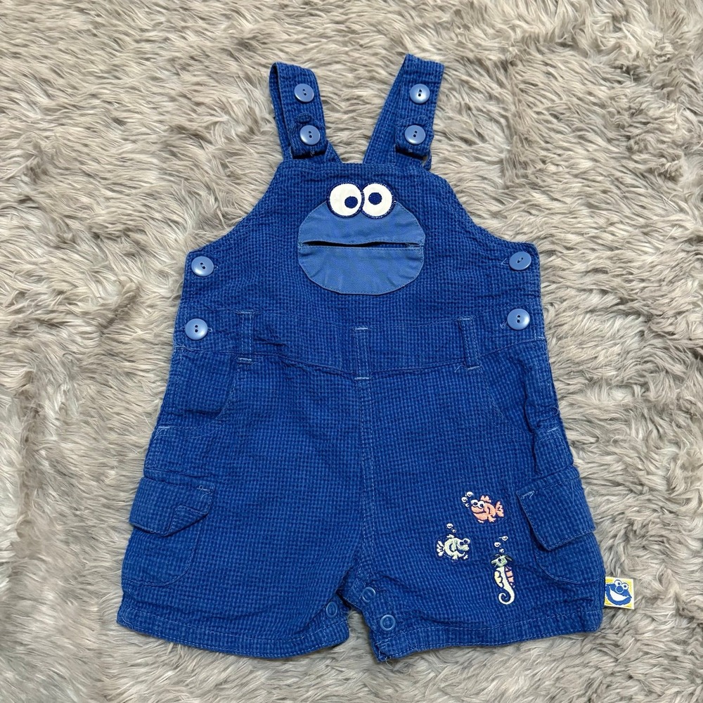 Vintage Y2K 2002 Sesame Street Cookie Monster Shorts Overall Blue‎ 3-6 months